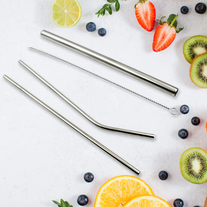 0600 Reusable Stainless Steel Straws With Travel Case Cleaning Brush Eco Friendly Extra Long Metal Straws Drinking Set Of 4 (2 Straight Straws 1 Bent Straws 1 Brush)